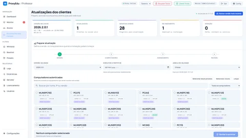 Atualizações do ProxyEdu com computadores autenticados, versões e estados de instalação